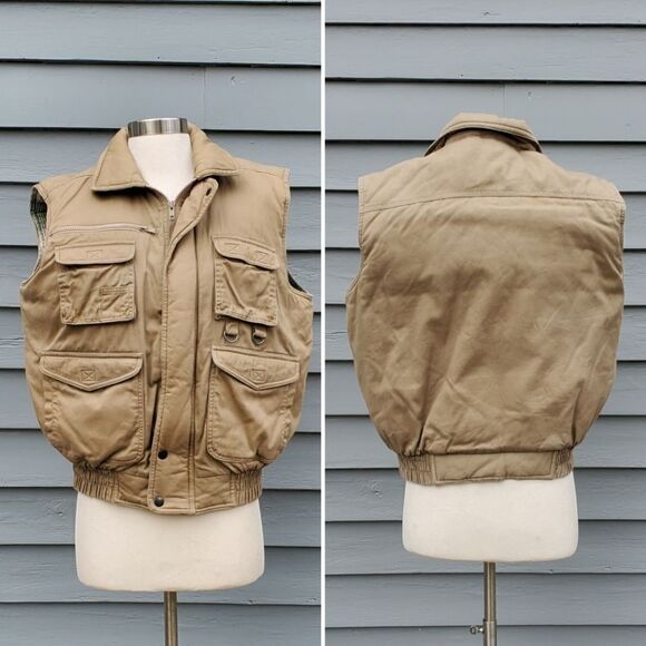 Vintage 90s y2k Campus Tan Outdoors Fall Duck Hunting Fishing Plaid Lined Vest M - Picture 2 of 9